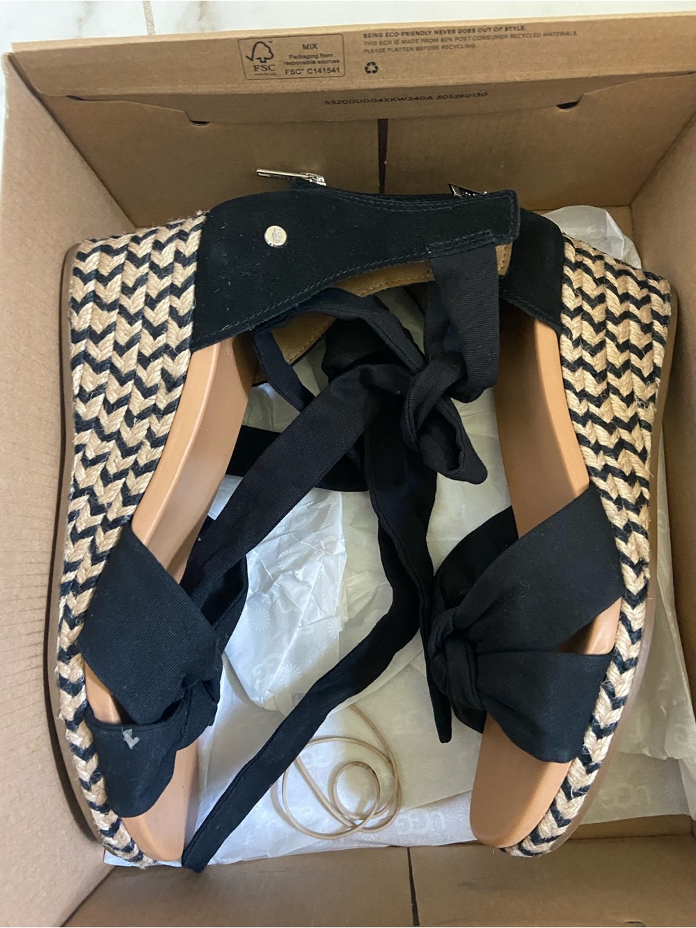UGG Black Woven Espadrille Wedge Sandals with Lace-Up Ties